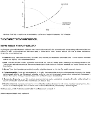 The model shows how the extent of the consequences of your decisions relates to the extent of your knowledge.
THE CONFLICT RESOLUTION MODEL
HOW TO RESOLVE A CONFLICT ELEGANTLY
Psychologists agree that conflicts have to be dealt with in order to prevent deadlock and recrimination and restore stability and communication. The
question is, how? In principle there are six different ways of dealing with a conflict situation: escape, fight, give up, evade responsibility,
compromise or reach a consensus.
1. Escape. Escaping is the same as avoiding. The conflict is not dealt with, and the situation remains the same. It can be assumed that neither
side will gain anything. This is a lose–lose situation.
2. Fight. Those who deal with a conflict aggressively have only one aim: to win. But winning alone is not enough, as somebody also has to lose.
This approach is about conquering the opponent, and asserting one’s own position in the face of resistance from others. The result is a win–
lose situation.
3. Give up. Those who give up their own position in a conflict solve it by retreating, i.e. they lose. The result is a lose–win situation.
4. Evade responsibility. Those who feel overwhelmed by a conflict often delegate the decision – and thus also the confrontation – to another
authority, usually a higher one. This authority solves the conflict for them, but not necessarily wisely, and not necessarily in the delegator’s
interest. There is a risk that the parties on both sides of the conflict will lose (lose–lose situation).
5. Compromise. Depending on how it is perceived, a compromise is a solution acceptable to both parties. It is often felt that although the
solution isn’t ideal, it is reasonable in the circumstances (win–lose/win–lose).
6. Reach a consensus. A consensus is based on a new solution that has been developed by both parties. In contrast to a compromise, it is a
win–win situation for both parties, because nobody has to back down. Instead, both parties develop a ‘third way’ together.
Our failures are due not to the defeats we suffer but to the conflicts we don’t participate in.
Graffiti on a youth centre in Bern, Switzerland
 