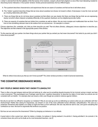 (‘Johari’ is derived from the first syllables of the first names of its inventors, Joseph Luft and Harry Ingham) is one of the most interesting models for
describing human interaction. A four-paned ‘window’ divides personal awareness into four different types:
A. This quadrant describes characteristics and experiences that we are aware of ourselves and that we like to tell others about.
B. This ‘hidden’ quadrant describes things that we know about ourselves but choose not reveal to others. It decreases in size the more we build
up a trusting relationship with others.
C. There are things that we do not know about ourselves but that others can see clearly. And there are things that we think we are expressing
clearly, but which others interpret completely differently. In this quadrant, feedback can be enlightening but also hurtful.
D. There are aspects of ourselves that are hidden from ourselves as well as others. We are more complex and multifaceted than we think. From
time to time something unknown rises to the surface from our unconscious – for example in a dream.
Choose adjectives (fun, unreliable, etc.) that you think describe you well. Then let others (friends, colleagues) choose adjectives to describe you.
The adjectives are then entered in the appropriate panes of the window.
Try this exercise with your partner. Are there things about your partner that you wished you had never discovered? And what do you wish you didn’t
know about yourself?
What do others know about you that you don’t know yourself? The Johari window provides a model of personal awareness.
THE COGNITIVE DISSONANCE MODEL
WHY PEOPLE SMOKE WHEN THEY KNOW IT’S UNHEALTHY
There is often a big gap between what we think and what we do: when we do something despite knowing it to be immoral, wrong or stupid, we have
a bad conscience. The psychologist Leon Festinger used the term ‘cognitive dissonance’ to describe our state of mind when our actions are not
consistent with our beliefs – for example when we smack a child, even though we condemn violence against children.
But why do we find it so difficult to recognise our mistakes? Why do we even go as far as defending our actions when we are confronted with their
shortcomings? Rather than asking for forgiveness, we embark on one of the more unlikeable human attributes: self-justification. This acts as a
protective mechanism that enables us to sleep at night and frees us from self-doubt. We see only what we want to see, and ignore everything that
contradicts our view. We look for arguments that reinforce our position.
But how can we overcome this dissonance? Either by changing our behaviour or our attitude.
A great nation is like a great man: when he makes a mistake, he realises it. Having realised it, he admits it. Having admitted it, he corrects it. He
considers those who point out his faults as his most benevolent teachers. Lao Zi
 