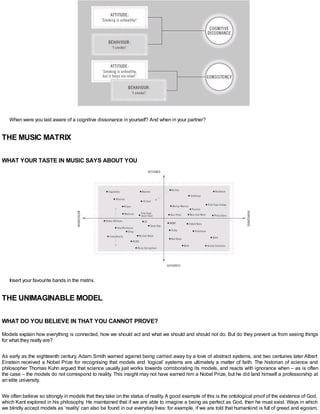 When were you last aware of a cognitive dissonance in yourself? And when in your partner?
THE MUSIC MATRIX
WHAT YOUR TASTE IN MUSIC SAYS ABOUT YOU
Insert your favourite bands in the matrix.
THE UNIMAGINABLE MODEL
WHAT DO YOU BELIEVE IN THAT YOU CANNOT PROVE?
Models explain how everything is connected, how we should act and what we should and should not do. But do they prevent us from seeing things
for what they really are?
As early as the eighteenth century, Adam Smith warned against being carried away by a love of abstract systems, and two centuries later Albert
Einstein received a Nobel Prize for recognising that models and ‘logical’ systems are ultimately a matter of faith. The historian of science and
philosopher Thomas Kuhn argued that science usually just works towards corroborating its models, and reacts with ignorance when – as is often
the case – the models do not correspond to reality. This insight may not have earned him a Nobel Prize, but he did land himself a professorship at
an elite university.
We often believe so strongly in models that they take on the status of reality.A good example of this is the ontological proof of the existence of God,
which Kant explored in his philosophy. He maintained that if we are able to imagine a being as perfect as God, then he must exist. Ways in which
we blindly accept models as ‘reality’ can also be found in our everyday lives: for example, if we are told that humankind is full of greed and egoism,
 