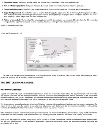 1. Technology trigger. The product is on the market and you hear about it everywhere: ‘Have you checked this out?’
2. Peak of inflated expectations. The hype is at its peak. But people start to find mistakes. You hear: ‘Yeah, it’s great, but…’
3. Trough of disillusionment. The product fails to meet expectations. The not-so-cool people use it. You hear: ‘It’s so four years ago.’
4. Slope of enlightenment. The media have stopped covering the technology, the hype is over. This is when many technologies simply fall out
of the market. But some businesses might continue to experiment. They might change the original version or find new uses for it. You hear: ‘I
never thought of it before, but you could use this in a different way…’
5. Plateau of productivity. The benefits of the technology become widely demonstrated and accepted. Often it is the 2.0 or 3.0 version that
emerges from the experimental phase to become a success. You hear… nothing any more. People simply use it.
Love is for ever as long as it lasts.
→ See also: The chasm (p.114)
The hype cycle may also apply to relationships: in the beginning you’re on top of the world. Then you start having second thoughts. After a
certain time you either split up or make a long-term commitment.
THE SUBTLE SIGNALS MODEL
WHY NUANCES MATTER
Anybody who works with people knows that information doesn’t always flow to where it is meant to flow, that departments fight each other rather
than support each other, and that managers base their decisions on cool-sounding strategies rather than on actual facts. In the words of the
organisation theorist Elliott Jaques, ‘Management is in the same state today that the natural sciences were in during the seventeenth century. There
is not one single, well-established concept in the field of management on which you can build a testable theory.’
Why do some teams work well together and others badly? What are the subtle differences between functioning and non-functioning structures? The
answer is that we don’t know. But what we do know, thanks to US journalist Mark Buchanan, is that communication is vital for a healthy working
environment, and that communication takes place on two levels: what we say, and how we say it.
MIT’s Media Lab monitored creative teams at a major bank in order to find the answers to these questions: Who is saying what to whom? Who
moves when, how often and where to? In what tone of voice is A speaking to B? Who is stressed, who seems to be suffering from burnout?
What sounds like Big Brother is called ‘reality mining’, and in the case of the bank it revealed the following: that those who talked a lot with others
and who read a lot of emails – private as well as work-related – seemed to be generally happier and also more productive than those who
concentrated only on work.
 