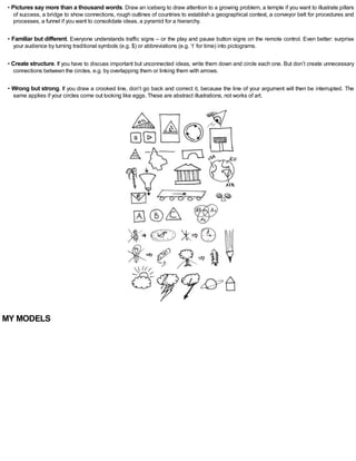• Pictures say more than a thousand words. Draw an iceberg to draw attention to a growing problem, a temple if you want to illustrate pillars
of success, a bridge to show connections, rough outlines of countries to establish a geographical context, a conveyor belt for procedures and
processes, a funnel if you want to consolidate ideas, a pyramid for a hierarchy.
• Familiar but different. Everyone understands traffic signs – or the play and pause button signs on the remote control. Even better: surprise
your audience by turning traditional symbols (e.g. $) or abbreviations (e.g. ‘t’ for time) into pictograms.
• Create structure. If you have to discuss important but unconnected ideas, write them down and circle each one. But don’t create unnecessary
connections between the circles, e.g. by overlapping them or linking them with arrows.
• Wrong but strong. If you draw a crooked line, don’t go back and correct it, because the line of your argument will then be interrupted. The
same applies if your circles come out looking like eggs. These are abstract illustrations, not works of art.
MY MODELS
 