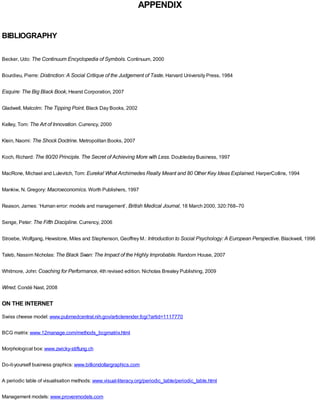 APPENDIX
BIBLIOGRAPHY
Becker, Udo: The Continuum Encyclopedia of Symbols. Continuum, 2000
Bourdieu, Pierre: Distinction: A Social Critique of the Judgement of Taste, Harvard University Press, 1984
Esquire: The Big Black Book, Hearst Corporation, 2007
Gladwell, Malcolm: The Tipping Point. Black Day Books, 2002
Kelley, Tom: The Art of Innovation. Currency, 2000
Klein, Naomi: The Shock Doctrine. Metropolitan Books, 2007
Koch, Richard: The 80/20 Principle. The Secret of Achieving More with Less. Doubleday Business, 1997
MacRone, Michael and Lulevitch, Tom: Eureka! What Archimedes Really Meant and 80 Other Key Ideas Explained. HarperCollins, 1994
Mankiw, N. Gregory: Macroeconomics. Worth Publishers, 1997
Reason, James: ‘Human error: models and management’, British Medical Journal, 18 March 2000, 320:768–70
Senge, Peter: The Fifth Discipline. Currency, 2006
Stroebe, Wolfgang, Hewstone, Miles and Stephenson, Geoffrey M.: Introduction to Social Psychology: A European Perspective. Blackwell, 1996
Taleb, Nassim Nicholas: The Black Swan: The Impact of the Highly Improbable. Random House, 2007
Whitmore, John: Coaching for Performance, 4th revised edition. Nicholas Brealey Publishing, 2009
Wired, Condé Nast, 2008
ON THE INTERNET
Swiss cheese model: www.pubmedcentral.nih.gov/articlerender.fcgi?artid=1117770
BCG matrix: www.12manage.com/methods_bcgmatrix.html
Morphological box: www.zwicky-stiftung.ch
Do-it-yourself business graphics: www.billiondollargraphics.com
A periodic table of visualisation methods: www.visual-literacy.org/periodic_table/periodic_table.html
Management models: www.provenmodels.com
 