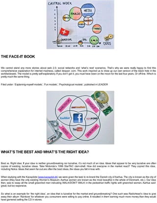 THE FACE-IT BOOK
We cannot stand any more stories about web 2.0, social networks and ‘what’s next’ scenarios. That’s why we were really happy to find this
comprehensive explanation for internet madness, called despair. com. This work inspired us to draw up our own version of the black hole in the
worldwideweb. The model is pretty self-explanatory. If you don’t get it, you must have been on the moon for the last four years. Or off-line. Which is
pretty much the same thing.
Filed under: ‘Explaining-myself models’, ‘Fun models’, ‘Psychological models’, published in LEADER
WHAT’S THE BEST AND WHAT’S THE RIGHT IDEA?
Best vs. Right idea. If your idea is neither groundbreaking nor lucrative, it’s not much of an idea. Ideas that appear to be very lucrative are often
copies of existing, lucrative ideas. Take Motorola’s 1996 StarTAC clam-shell. How did everyone in the market react? They copied this idea,
including Nokia. Ideas that seem far-out are often the best ideas, the ideas you fall in love with.
When studying with the Kaospilots (www.kaospilot.dk) we were given the task to re-brand the Danish city of Aarhus. The city is known as the city of
women (they have the only existing Women’s Museum; Aarhus women are known as the most beautiful in the whole of Denmark, etc.). Our idea
then, was to swap all the small green/red men indicating WALK/DON’T WALK in the pedestrian traffic lights with green/red women. Aarhus said
great, but too expensive.
So what is an example for ‘the right idea’, an idea that is lucrative for the market and groundbreaking? One such was Radiohead’s idea to give
away their album ‘Rainbow’ for whatever you consumers were willing to pay online. It resulted in them earning much more money than they would
have garnered selling the CD in stores.
 