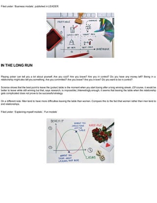 Filed under: ‘Business models’, published in LEADER
IN THE LONG RUN
Playing poker can tell you a lot about yourself. Are you cool? Are you brave? Are you in control? Do you have any money left? Being in a
relationship might also tell you something. Are you committed? Are you brave? Are you in love? Do you want to be in control?
Science shows that the best point to leave the (poker) table is the moment when you start losing after a long winning streak. (Of course, it would be
better to leave while still winning but that, says research, is impossible.) Interestingly enough, it seems that leaving the table when the relationship
gets complicated does not prove to be successful strategy.
On a different note: Men tend to have more difficulties leaving the table than women. Compare this to the fact that women rather then men tend to
end relationships.
Filed under: ‘Explaining-myself models’, ‘Fun models’
 