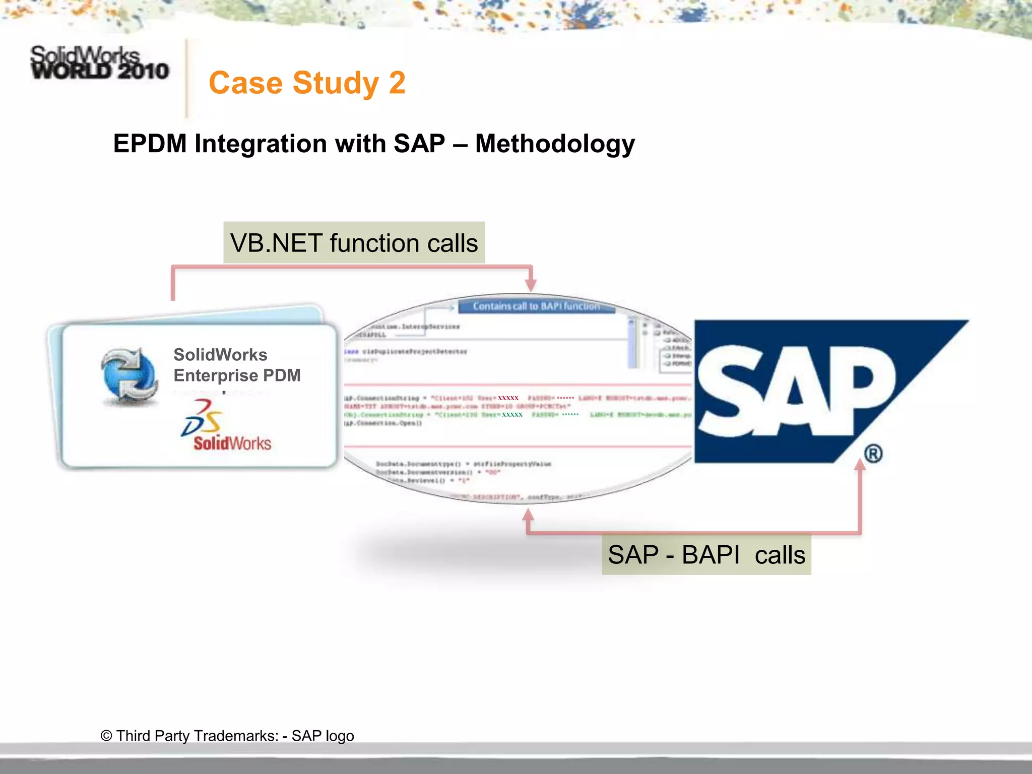 Case Study 2
 EPDM Integration with SAP – Methodology


                  VB.NET function calls



          SolidWorks
          Enterprise PDM
                                          XXXXX   ******

                                          XXXXX    ******




                                                            SAP - BAPI calls




© Third Party Trademarks: - SAP logo
 