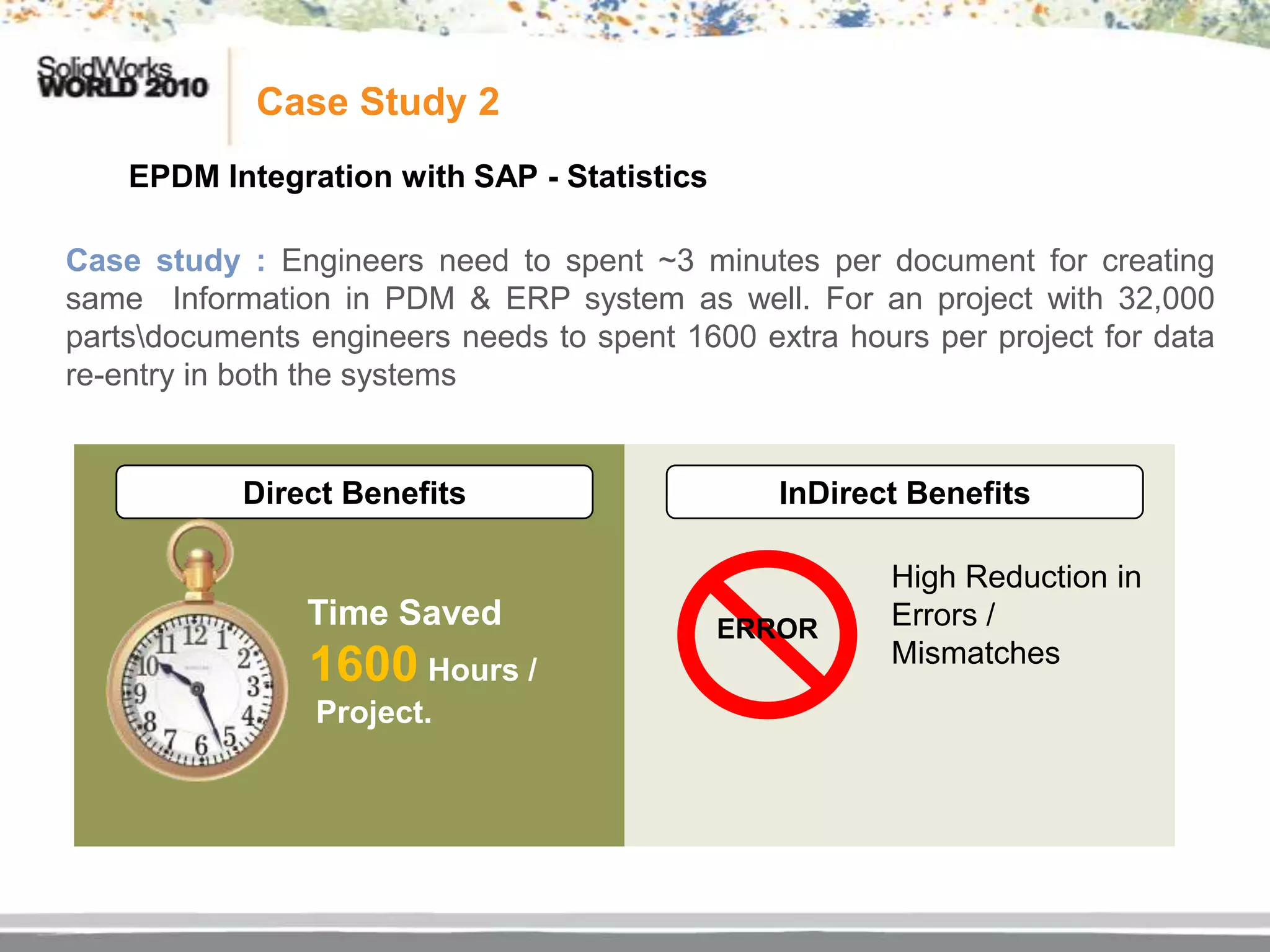 Case Study 2
    EPDM Integration with SAP - Statistics

Case study : Engineers need to spent ~3 minutes per document for creating
same Information in PDM & ERP system as well. For an project with 32,000
partsdocuments engineers needs to spent 1600 extra hours per project for data
re-entry in both the systems


            Direct Benefits                     InDirect Benefits

                                                        High Reduction in
                Time Saved                   ERROR      Errors /
                                                        Mismatches
                1600 Hours /
                Project.
 