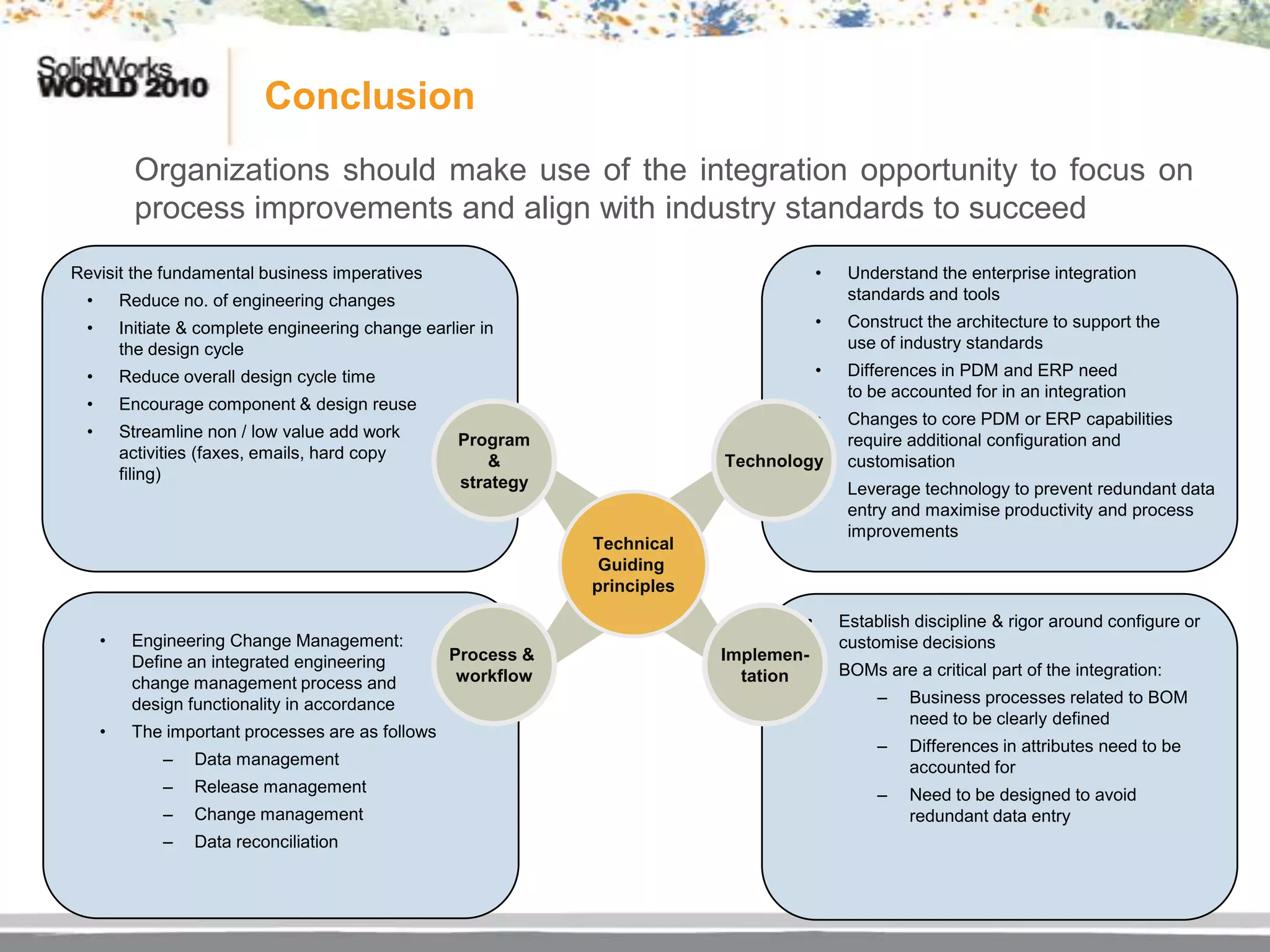 Conclusion
            Organizations should make use of the integration opportunity to focus on
            process improvements and align with industry standards to succeed
Revisit the fundamental business imperatives                                               •    Understand the enterprise integration
  •       Reduce no. of engineering changes                                                     standards and tools
  •       Initiate & complete engineering change earlier in                                •    Construct the architecture to support the
          the design cycle                                                                      use of industry standards
  •       Reduce overall design cycle time                                                 •    Differences in PDM and ERP need
                                                                                                to be accounted for in an integration
  •       Encourage component & design reuse
                                                                                           •    Changes to core PDM or ERP capabilities
  •       Streamline non / low value add work         Program                                   require additional configuration and
          activities (faxes, emails, hard copy            &                   Technology        customisation
          filing)                                     strategy                             •    Leverage technology to prevent redundant data
                                                                                                entry and maximise productivity and process
                                                                                                improvements
                                                                 Technical
                                                                  Guiding
                                                                 principles

                                                                                       •       Establish discipline & rigor around configure or
      •    Engineering Change Management:                                                      customise decisions
           Define an integrated engineering          Process &                Implemen-
           change management process and              workflow                  tation •       BOMs are a critical part of the integration:
           design functionality in accordance                                                       –   Business processes related to BOM
                                                                                                        need to be clearly defined
      •    The important processes are as follows
                                                                                                    –   Differences in attributes need to be
               –   Data management                                                                      accounted for
               –   Release management                                                               –   Need to be designed to avoid
               –   Change management                                                                    redundant data entry
               –   Data reconciliation
 