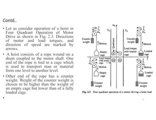 Contd..
• Let us consider operation of a hoist in
Four Quadrant Operation of Motor
Drive as shown in Fig. 2.3. Directions
of motor and load torques, and
direction of speed are marked by
arrows.
• A hoist consists of a rope wound on a
drum coupled to the motor shaft. One
end of the rope is tied to a cage which
is used to transport man or material
form one level to another level.
• Other end of the rope has a counter
weight. Weight of the counter weight is
chosen to be higher than the weight of
an empty cage but lower than of a fully
loaded cage.
• 17
 
