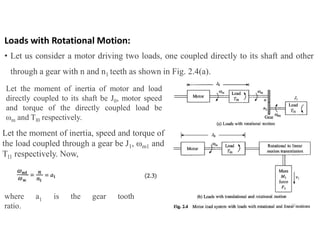 Loads with Rotational Motion:
• Let us consider a motor driving two loads, one coupled directly to its shaft and other
through a gear with n and n1 teeth as shown in Fig. 2.4(a).
where a1 is the gear tooth
ratio.
Let the moment of inertia, speed and torque of
the load coupled through a gear be J1, ωm1 and
Tl1 respectively. Now,
Let the moment of inertia of motor and load
directly coupled to its shaft be J0, motor speed
and torque of the directly coupled load be
ωm and Tl0 respectively.
22
 