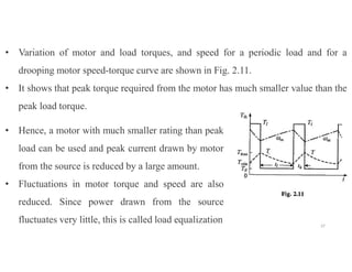 • Variation of motor and load torques, and speed for a periodic load and for a
drooping motor speed-torque curve are shown in Fig. 2.11.
• It shows that peak torque required from the motor has much smaller value than the
peak load torque.
• Hence, a motor with much smaller rating than peak
load can be used and peak current drawn by motor
from the source is reduced by a large amount.
• Fluctuations in motor torque and speed are also
reduced. Since power drawn from the source
fluctuates very little, this is called load equalization 37
 