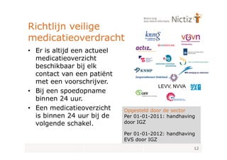 Richtlijn veilige
medicatieoverdracht
• Er is altijd een actueel
  medicatieoverzicht
  beschikbaar bij elk
  contact van een patiënt
  met een voorschrijver.
                                         LEVV, NVVA
• Bij een spoedopname
  binnen 24 uur.
• Een medicatieoverzicht     Opgesteld door de sector
  is binnen 24 uur bij de    Per 01-01-2011: handhaving
  volgende schakel.          door IGZ

                             Per 01-01-2012: handhaving
                             EVS door IGZ
                                                      12
 