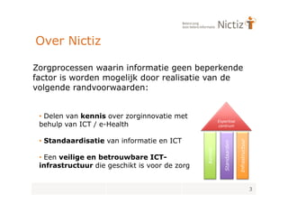 Over Nictiz

Zorgprocessen waarin informatie geen beperkende
factor is worden mogelijk door realisatie van de
volgende randvoorwaarden:


 • Delen van kennis over zorginnovatie met
                                                        Expertise
 behulp van ICT / e-Health                              centrum



 • Standaardisatie van informatie en ICT




                                                                         Infrastructuur
                                                           Standaarden
                                               Kennis
 • Een veilige en betrouwbare ICT-
 infrastructuur die geschikt is voor de zorg


                                                                                          3
 