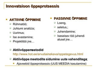 Innovatsioon õppeprotsessis AKTIIVNE ÕPPIMINE Rühmatöö; Juhtumi analüüs; Uurimus; Ise avastamine; Projektitöö jne… PASSIIVNE ÕPPIMINE Loeng,  seletus,; Juhendamine; Iseseisev töö juhendi alusel jne… Aktiivõppemeetodid   http://www.hot.ee/arvutiainekava/oppetegevus.html   Aktiivõppe meetodite sidumine uute vahenditega ; Ajaveebid õppeprotsessis (UUS MEEDIA kasutamine) 