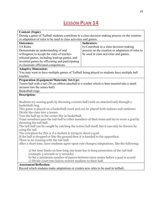 23



                                    LESSON PLAN 14
Content (Topic)
During a game of Tailball students contribute to a class decision making process on the creation
or adaptation of rules to be used in class activities and games.
Outcomes:                                            Indicators:
5.8 Rules                                            b) Contribute to a class decision-making
Demonstrate an understanding of and                  process on the creation or adaptation of rules to
willingness to accept the rules of teacher-          be used in class activities and games.
selected games, including lead-up games, and
invented games by officiating and participating
in classmate officiated competitions.
Adaptive Dimension:
You may want to have multiple games of Tailball being played so students have multiple ball
touches.
Preparation (Equipment/Materials/ Set-Up):
Tennis ball with a tail (30 cm ribbon attached to a washer which is then inserted into a small
incision into the tennis ball)
Basketball rings
Description:

Students try scoring goals by throwing a tennis ball (with an attached tail) through a
basketball ring.
This game is played on a basketball court and can be played both indoors and outdoors.
Divide the class into 2 teams.
Toss the ball up in the center like in basketball.
Team members pass the tail-ball to other members of their team and try to score a goal by
throwing the tail-ball.
The tail-ball can be caught by catching the tennis ball itself, but it can only be thrown by
using the tail.
The exception for this is if a student is trying to shoot a goal.
If the ball is dropped or hits the ground then it is handed to the opposition.
There is no running with the tail-ball.
After a short time, have students agree upon rule changes/adaptations, like the following:

      a) Set time limits on how long one team has to keep possession of the tail-ball
      (example 3 seconds or 5 seconds).
      b) Set a minimum number of passes between team mates before a goal is scored
      c) Divide court into halves restrict students to their half.
Assessment/Reflection:
Record which students make adaptations or creates new rules to be used in tailball.
 