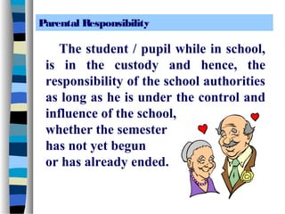 Parental Responsibility

    The student / pupil while in school,
 is in the custody and hence, the
 responsibility of the school authorities
 as long as he is under the control and
 influence of the school,
 whether the semester
 has not yet begun
 or has already ended.
 
