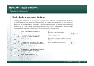 Tipos	Abstractos	de	Datos	
Javier Vélez Reyes jvelez@lsi.uned.es4 - 14
Tipos	abstractos	de	datos	
Diseño	de	8pos	abstractos	de	datos	
Como	puede	apreciarse	en	el	diagrama	UML	de	clases	anterior,	cada	abstracción	de	datos	
se	representa	por	una	interfaz	que	especializa	las	capacidades	generales	de	una	colección	
abstracta.	 A	 lo	 largo	 de	 los	 siguientes	 capítulos	 describiremos	 en	 detalle	 los	 contenidos		
especíﬁcos	 de	 cada	 interfaz	 en	 relación	 a	 cada	 tema.	 Ahora	 presentamos	 las	 interfaces	
comunes	de	la	asignatura,	Collec6onIF,	SetIF,	IteratorIF	y	ComparatorIF		
public	interface	CollectionIF<E>	{	
	
/**	
	*	Devuelve	el	número	de	elementos.																												
	*	@return	el	número	de	elementos.	
	*/	
public	int	size	();	
	
/**	
	*	Determina	si	la	colección	está	vacía.	
	*	@return	true	si	la	colección	está	vacía		
	*/	
public	boolean	isEmpty	();	
	
/**	
	*	Determina	si	un	elemento	está	contenido.	
	*	@param	el	elemento	a	comprobar.	
	*	@return	true,	si	está	contenido.		
/*		
public	boolean	contains	(E	e);		
	
/**	
	*	Elimina	todos	los	elementos.	
	*/	
public	void	clear	();	
	
/**	
	*	Devuelve	un	iterador	sobre	la	colección.	
	*	@return	un	iterador	sobre	la	colección.	
	*/	
public	IteratorIF<E>	iterator	();		
	
}	
1 7 4
3
1 7 4
false
true
1 7 4
false
1 7 4
true
3,
7,
1 7 4
1 7 4
 