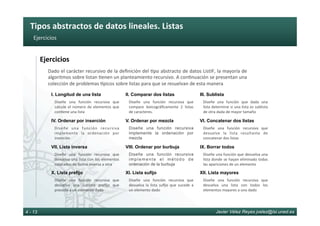 Tipos	abstractos	de	datos	lineales.	Listas	
Javier Vélez Reyes jvelez@lsi.uned.es4 - 13
Ejercicios	
Ejercicios	
Dado	el	carácter	recursivo	de	la	deﬁnición	del	6po	abstracto	de	datos	ListIF,	la	mayoría	de	
algoritmos	sobre	listan	6enen	un	planteamiento	recursivo.	A	con6nuación	se	presentan	una	
colección	de	problemas	[picos	sobre	listas	para	que	se	resuelvan	de	esta	manera	
Diseñe	 una	 función	 recursiva	 que	
calcule	el	número	de	elementos	que	
con6ene	una	lista	
I. Longitud de una lista
Diseñe	 una	 función	 recursiva	 que	
compare	 lexicográﬁcamente	 2	 listas	
de	caracteres.	
II. Comparar dos listas
Diseñe	 una	 función	 que	 dada	 una	
lista	determine	si	una	lista	es	sublista	
de	otra	dada	de	mayor	tamaño	
III. Sublista
Diseñe	 una	 función	 recursiva	
implemente	 la	 ordenación	 por	
inserción	
IV. Ordenar por inserción
Diseñe una función recursiva
implemente la ordenación por
mezcla
V. Ordenar por mezcla
Diseñe	 una	 función	 recursiva	 que	
devuelve	 la	 lista	 resultante	 de	
concatenar	dos	listas		
VI. Concatenar dos listas
Diseñe	 una	 función	 recursiva	 que	
devuelva	una	lista	con	los	elementos	
colocados	de	forma	inversa	a	otra	
VII. Lista inversa
Diseñe una función recursiva
implemente el método de
ordenación de la burbuja
VIII. Ordenar por burbuja
Diseñe	una	función	que	devuelva	una	
lista	donde	se	hayan	eliminado	todas	
las	apariciones	de	un	elemento	
IX. Borrar todos
Diseñe	 una	 función	 recursiva	 que	
devuelva	 una	 sublista	 preﬁjo	 que	
precede	a	un	elemento	dado	
X. Lista prefijo
Diseñe	 una	 función	 recursiva	 que	
devuelva	 la	 lista	 suﬁjo	 que	 sucede	 a	
un	elemento	dado	
XI. Lista sufijo
Diseñe	 una	 función	 recursiva	 que	
devuelva	 una	 lista	 con	 todos	 los	
elementos	mayores	a	uno	dado	
XII. Lista mayores
 