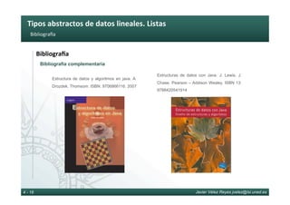 Tipos	abstractos	de	datos	lineales.	Listas	
Javier Vélez Reyes jvelez@lsi.uned.es4 - 16
Bibliogra^a	
BibliograMa	
Bibliografía complementaria
Estructura de datos y algoritmos en java. A.
Drozdek. Thomsom. ISBN: 9706866116. 2007
Estructuras de datos con Java. J. Lewis, J.
Chase. Pearson – Addison Wesley. ISBN 13:
9788420541914
 