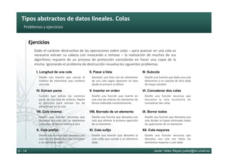 Tipos	abstractos	de	datos	lineales.	Colas	
Javier Vélez Reyes jvelez@lsi.uned.es6 - 14
Problemas	y	ejercicios	
Ejercicios	
Dado	el	carácter	destruc6vo	de	las	operaciones	sobre	colas	–	para	avanzar	en	una	cola	es	
necesario	 extraer	 su	 cabeza	 con	 invocando	 a	 remove	 –	 la	 realización	 de	 muchos	 de	 sus	
algoritmos	 requiere	 de	 un	 proceso	 de	 protección	 consistente	 en	 hacer	 una	 copia	 de	 la	
misma.	Ignorando	el	problema	de	destrucción	resuelva	los	siguientes	problemas	
Diseñe	 una	 función	 que	 calcule	 el	
número	 de	 elementos	 que	 con6ene	
una	cola	
I. Longitud de una cola
Devolver	una	lista	con	los	elementos	
de	 una	 cola	 según	 aparecen	 en	 ésta	
desde	el	primero	al	úl6mo	
II. Pasar a lista
Diseñe	una	función	que	dada	una	cola	
determine	si	es	subcola	de	otra	dada	
de	mayor	tamaño	
III. Subcola
Función	 que	 extrae	 los	 números	
pares	de	una	cola	de	enteros.	Repita	
el	 ejercicio	 para	 extraer	 los	 de	
posición	par	en	la	cola	
IV. Extraer pares
Diseñe	 una	 función	 que	 inserte	 en	
una	cola	de	enteros	los	elementos	de	
forma	ordenada	crecientemente	
V. Insertar en orden
Diseñe	 una	 función	 recursiva	 que	
devuelve	 la	 cola	 resultante	 de	
concatenar	dos	colas	
VI. Concatenar dos colas
Diseñe	 una	 función	 recursiva	 que	
devuelva	una	cola	con	los	elementos	
colocados	de	forma	inversa	a	otra	
VII. Cola inversa
Diseñe	una	función	que	devuelva	una	
cola	que	elimine	la	primera	aparición	
de	un	elemento		
VIII. Borrado de un elemento
Diseñe	una	función	que	devuelva	una	
cola	donde	se	hayan	eliminado	todas	
las	apariciones	de	un	elemento	
IX. Borrar todos
Diseñe	una	función	que	devuelva	una	
cola	con	los	elementos		que	preceden	
a	un	elemento	dado	
X. Cola prefijo
Diseñe	 una	 función	 que	 devuelva	 la	
cola	suﬁjo	que	sucede	a	un	elemento	
dado	
XI. Cola sufijo
Diseñe	 una	 función	 recursiva	 que	
devuelva	 una	 cola	 con	 todos	 los	
elementos	mayores	a	uno	dado	
XII. Cola mayores
 