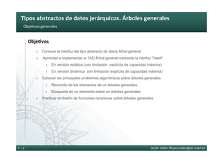 Tipos	abstractos	de	datos	jerárquicos.	Árboles	generales	
Javier Vélez Reyes jvelez@lsi.uned.es7 - 3
Obje6vos	generales	
Obje8vos	
›  Conocer la interfaz del tipo abstracto de datos Árbol general
›  Aprender a implementar el TAD Árbol general mediante la interfaz TreeIF
›  En versión estática (con limitación explícita de capacidad máxima)
›  En versión dinámica (sin limitación explícita de capacidad máxima)
›  Conocer los principales problemas algorítmicos sobre árboles generales
›  Recorrido de los elementos de un árboles generales
›  Búsqueda de un elemento sobre un árboles generales
›  Practicar el diseño de funciones recursivas sobre árboles generales
 