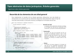 Tipos	abstractos	de	datos	jerárquicos.	Árboles	generales	
Javier Vélez Reyes jvelez@lsi.uned.es7 - 12
Algoritmos	sobre	árboles	generales	
Recorrido	de	los	elementos	de	una	árbol	general	
Para	 implementar	 el	 iterador	 de	 los	 árboles	 generales	 u6lizaremos	 una	 cola	 donde	 se	
almacenarán	en	la	construcción	los	elementos	dispuestos	adecuadamente	según	el	6po	de	
recorrido	seleccionado.	La	iteración	entonces	se	delegará	en	el	iterador	de	esa	cola	
public	class	TreeIterator<T>	implements	IteratorIF<T>		
{	
				private	IteratorIF<T>	iterator;	
					
				/**	
					*	Constructor	para	TreeIterator.	
					*	@param	handler	el	manejador	de	arboles.	
					*	@param	type	el	tipo	de	recorrido.	
					*/	
				public	TreeIterator	(TreeIF<T>	handler,	int	type)	
				{	
								QueueIF<T>	traverse	=	null;	
								switch	(type)	{	
												case	TreeIF.PREORDER:		traverse	=	preorder	(handler);		break;	
												case	TreeIF.POSTORDER:	traverse	=	postorder	(handler);	break;	
												case	TreeIF.LRBREADTH:	traverse	=	lrBreadth	(handler);	break;		
												case	TreeIF.RLBREADTH:	traverse	=	rlBreadth	(handler);	break;		
								}	
								this.iterator	=	new	QueueIterator<T>	(traverse);	
				}	
					
				/**	
					*	Devuelve	el	siguiente	elemento	de	la	iteracion.		
					*	@return	el	siguiente	elemento	de	la	iteracion.	
					*/	
				@Override	
				public	T	getNext	()		
				{	
								return	iterator.getNext	();	
				}	
La iteración de los elementos del árbol se delega
en el iterador de cola que es construido en el
constructor. La función de reset está garantizada
Iteración	con	reset	
La función de avance delega en el iterador de
cola que se ha construido previamente. Esta
aproximación simplifica las operaciones pero
penaliza el tiempo de la construcción del iterador
Avance	
Construcción	
En función del valor del parámetro del tipo de
recorrido, el constructor invoca a una u otra
función privada que devuelve una cola con los
elementos dispuestos en el orden apropiado.
Después se construye un iterador sobre la cola
resultante
 