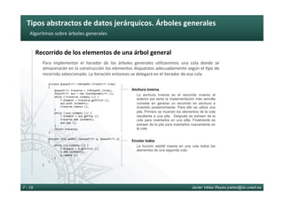 Tipos	abstractos	de	datos	jerárquicos.	Árboles	generales	
Javier Vélez Reyes jvelez@lsi.uned.es7 - 15
Algoritmos	sobre	árboles	generales	
				private	QueueIF<T>	rlBreadth	(TreeIF<T>	tree)	
				{	
								QueueIF<T>	traverse	=	lrBreadth	(tree);		
								StackIF<T>	aux	=	new	StackDynamic<T>	();	
								while	(!traverse.isEmpty	())	{	
												T	element	=	traverse.getFirst	();	
												aux.push	(element);	
												traverse.remove	();	
								}	
								while	(!aux.isEmpty	())	{	
												T	element	=	aux.getTop	();	
												traverse.add	(element);	
												aux.pop	();	
								}	
								return	traverse;	
				}	
								
				private	void	addAll	(QueueIF<T>	q,	QueueIF<T>	p)	
				{	
								while	(!p.isEmpty	())	{	
												T	element	=	p.getFirst	();	
												q.add	(element);	
												p.remove	();	
								}	
				}	
}	
					
La anchura inversa es el recorrido inverso al
anterior por tanto la implementación más sencilla
consiste en generar un recorrido en anchura e
invertirlo posteriormente. Para ello se utiliza una
pila. Primero se mueven los elementos de la cola
resultante a una pila. Después se extraen de la
cola para insertarlos en una pilla. Finalmente se
extraen de la pila para insertarlos nuevamente en
la cola
Anchura	inversa	
La función addAll inserta en una cola todos los
elementos de una segunda cola
Encolar	todos	
Recorrido	de	los	elementos	de	una	árbol	general	
Para	 implementar	 el	 iterador	 de	 los	 árboles	 generales	 u6lizaremos	 una	 cola	 donde	 se	
almacenarán	en	la	construcción	los	elementos	dispuestos	adecuadamente	según	el	6po	de	
recorrido	seleccionado.	La	iteración	entonces	se	delegará	en	el	iterador	de	esa	cola	
 