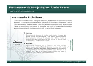 Tipos	abstractos	de	datos	jerárquicos.	Árboles	binarios	
Javier Vélez Reyes jvelez@lsi.uned.es8 - 12
Algoritmos	sobre	árboles	binarios	
Algoritmos	sobre	árboles	binarios	
Como	viene	siendo	frecuente	a	lo	largo	de	este	curso,	los	tres	6pos	de	algoritmos	canónicos	
aplicables	a	cualquier	estructura	de	datos	 	son	recorrido,	búsqueda	y	ordenación.	En	este	
caso,	la	ordenación	debe	entenderse	como	una	reorganización	de	los	nodos	del	árbol	para	
favorecer	algún	criterio	(`picamente	la	búsqueda).	Sin	embargo,	no	estudiaremos	ningún	
algoritmo	de	ordenación	y	nos	centraremos	sólo	en	recorridos	y	búsquedas	
Algoritmos
sobre árboles
binarios
I. Recorrido
El recorrido de los elementos de un árbol binario devuelve un iterador que
permite acceder secuencialmente a los mismos según aparecen
almacenados en la estructura. Sin embargo, existen distintos criterios de
secuenciamiento que pueden aplicarse para construir un recorrido. Aquí
estudiaremos los 5 más típicamente aplicados
II. Búsqueda
La búsqueda de un elemento sobre los nodos de un árbol binario se realiza
de forma recursiva dada la definición del tipo lo que imprime un coste lineal al
algoritmo en el peor caso. La ventaja de este tipo de algoritmos, con respecto
a sus equivalentes en otras estructuras de datos es que el proceso no es
destructivo con lo que no se requiere utilizar un iterador (con copia) ni
reconstruir la estructura tras la aplicación del algoritmo
Independenciadela
implementación
 
