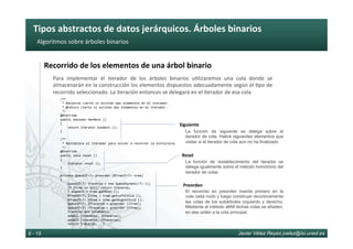 Tipos	abstractos	de	datos	jerárquicos.	Árboles	binarios	
Javier Vélez Reyes jvelez@lsi.uned.es8 - 15
Algoritmos	sobre	árboles	binarios	
Recorrido	de	los	elementos	de	una	árbol	binario	
Para	 implementar	 el	 iterador	 de	 los	 árboles	 binarios	 u6lizaremos	 una	 cola	 donde	 se	
almacenarán	en	la	construcción	los	elementos	dispuestos	adecuadamente	según	el	6po	de	
recorrido	seleccionado.	La	iteración	entonces	se	delegará	en	el	iterador	de	esa	cola	
				/**	
					*	Devuelve	cierto	si	existen	mas	elementos	en	el	iterador.	
					*	@return	cierto	si	existen	mas	elementos	en	el	iterador.	
					*/	
				@Override	
				public	boolean	hasNext	()		
				{	
								return	iterator.hasNext	();	
				}	
					
				/**	
					*	Restablece	el	iterador	para	volver	a	recorrer	la	estructura.	
					*/	
				@Override		
				public	void	reset	()		
				{	
								iterator.reset	();	
				}	
					
				private	QueueIF<T>	preorder	(BTreeIF<T>	tree)	
				{	
								QueueIF<T>	traverse	=	new	QueueDynamic<T>	();	
								if	(tree	==	null)	return	traverse;									
								T	element	=	tree.getRoot	();	
								BTreeIF<T>	lTree	=	tree.getLeftChild	();	
								BTreeIF<T>	rTree	=	tree.getRightChild	();	
								QueueIF<T>	lTraverse	=	preorder	(lTree);	
								QueueIF<T>	rTraverse	=	preorder	(rTree);		
								traverse.add	(element);	
								addAll	(traverse,	lTraverse);	
								addAll	(traverse,	rTraverse);	
								return	traverse;			}	
La función de siguiente se delega sobre el
iterador de cola. Habrá siguientes elementos que
visitar si el iterador de cola aún no ha finalizado
Siguiente	
El recorrido en preorden inserta primero en la
cola cada nodo y luego construye recursivamente
las colas de los subárboles izquierdo y derecho.
Mediante el método allAll dichas colas se añaden,
en ese orden a la cola principal.
Preorden	
Reset	
La función de restablecimiento del iterador se
delega igualmente sobre el método homónimo del
iterador de colas
 