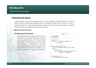 Introducción	
Javier Vélez Reyes jvelez@lsi.uned.es1 - 28
Tipos	abstractos	de	datos	
XI.	Operaciones	descriptoras	
Tipos	de	operaciones	
Anatomía	de	Clases	
Cualquier	clase,	dentro	de	la	programación	orienta	a	objetos,	está	formada	por	el	perﬁl	de	
cada	una	de	las	operaciones	públicas	que	lo	cons6tuyen.	Éste	indica	la	forma	en	que	se	
pueden	explotar	las	capacidades	del	6po.	Desde	un	punto	de	vista	conceptual	es	posible	
dis6nguir	entre	varios	6pos	dis6ntos	de	operaciones	
La	implementación	completa	de	un	6po	en	
no	termina	con	la	implementación	de	cada	
una	de	las	operaciones	del	mismo	sino	que	
debe	 incluir	 3	 operaciones	 canónicas	 para	
su	 clasiﬁcación,	 comparación	 y	 trazado.	
Estas	operaciones	en	java	son	canónicas	ya	
que	heredan	de	la	clase	raíz	(Object)	y	se	
trata	de	hashcode	()	,	equals	()	y	toString	()	
Stack	<T>	
	
	
hashcode	()	{	
			return		67	*	elements.hashcode	()	+	
											capacity;	
}	
	
boolean	equals	(Object	o)	{	
			if	(!(o	instanceof	Stack))	return	false;	
			else	{		
						s	=	(Stack)	o;	
						return	s.elements.equals	(elements)	&&	
													s.capacity	==	capacity;	
}	
	
String	toString	()	{	
			return	elements.toString	();	
}	
	
	
- List	elements	
- int	capacity	
 