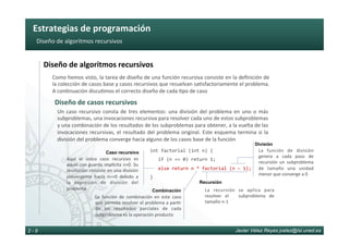 Estrategias	de	programación	
Javier Vélez Reyes jvelez@lsi.uned.es2 - 9
Diseño	de	algoritmos	recursivos	
Diseño	de	algoritmos	recursivos	
Diseño	de	casos	recursivos	
Como	hemos	visto,	la	tarea	de	diseño	de	una	función	recursiva	consiste	en	la	deﬁnición	de	
la	colección	de	casos	base	y	casos	recursivos	que	resuelvan	sa6sfactoriamente	el	problema.	
A	con6nuación	discu6mos	el	correcto	diseño	de	cada	6po	de	caso	
Un	caso	recursivo	consta	de	tres	elementos:	una	división	del	problema	en	uno	o	más	
subproblemas,	una	invocaciones	recursiva	para	resolver	cada	uno	de	estos	subproblemas	
y	una	combinación	de	los	resultados	de	los	subproblemas	para	obtener,	a	la	vuelta	de	las	
invocaciones	recursivas,	el	resultado	del	problema	original.	Este	esquema	termina	si	la	
división	del	problema	converge	hacia	alguno	de	los	casos	base	de	la	función	
int	factorial	(int	n)	{	
			if	(n	==	0)	return	1;	
			else	return	n	*	factorial	(n	–	1);	
}	
Aquí	 el	 único	 caso	 recursivo	 es	
aquel	con	guarda	implícita	n>0.	Su	
resolución	consiste	en	una	división	
convergente	 hacia	 n==0	 debido	 a	
la	 expresión	 de	 división	 del	
problema	
Caso recursivo
División
La	 función	 de	 división	
genera	 a	 cada	 paso	 de	
recursión	 un	 subproblema	
de	 tamaño	 una	 unidad	
menor	que	converge	a	0	
Recursión
La	 recursión	 se	 aplica	 para	
resolver	 el	 	 subproblema	 de	
tamaño	n-1	
Combinación
La	 función	 de	 combinación	 en	 este	 caso	
que	permite	resolver	el	problema	a	par6r	
de	 los	 resultados	 parciales	 de	 cada	
subproblema	es	la	operación	producto		
 
