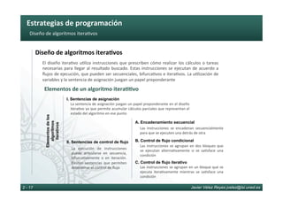 Estrategias	de	programación	
Javier Vélez Reyes jvelez@lsi.uned.es2 - 17
Diseño	de	algoritmos	itera6vos	
Diseño	de	algoritmos	itera8vos	
El	diseño	itera6vo	u6liza	instrucciones	que	prescriben	cómo	realizar	los	cálculos	o	tareas	
necesarias	para	llegar	al	resultado	buscado.	Estas	instrucciones	se	ejecutan	de	acuerdo	a	
ﬂujos	de	ejecución,	que	pueden	ser	secuenciales,	bifurca6vos	e	itera6vos.	La	u6lización	de	
variables	y	la	sentencia	de	asignación	juegan	un	papel	preponderante	
Elementos	de	un	algoritmo	itera88vo	
Elementosdelos
algoritmos
iterativos
I. Sentencias de asignación
II. Sentencias de control de flujo
A. Encadenamiento secuencial
B. Control de flujo condicional
C. Control de flujo iterativo
La	sentencia	de	asignación	juegan	un	papel	preponderante	en	el	diseño	
itera6vo	ya	que	permite	acumular	cálculos	parciales	que	representan	el	
estado	del	algoritmo	en	ese	punto	
La	 ejecución	 de	 instrucciones	
puede	 ar6cularse	 en	 secuencia,	
bifurca6vamente	 o	 en	 iteración.	
Existen	 sentencias	 que	 permiten	
determinar	el	control	de	ﬂujo	
Las	 instrucciones	 se	 encadenan	 secuencialmente	
para	que	se	ejecuten	una	detrás	de	otra	
Las	instrucciones	se	agrupan	en	dos	bloques	que	
se	 ejecutan	 alterna6vamente	 si	 se	 sa6sface	 una	
condición	
Las	instrucciones	se	agrupan	en	un	bloque	que	se	
ejecuta	 itera6vamente	 mientras	 se	 sa6sface	 una	
condición	
 