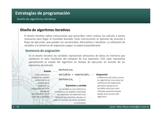Estrategias	de	programación	
Javier Vélez Reyes jvelez@lsi.uned.es2 - 18
Diseño	de	algoritmos	itera6vos	
Diseño	de	algoritmos	itera8vos	
El	diseño	itera6vo	u6liza	instrucciones	que	prescriben	cómo	realizar	los	cálculos	o	tareas	
necesarias	para	llegar	al	resultado	buscado.	Estas	instrucciones	se	ejecutan	de	acuerdo	a	
ﬂujos	de	ejecución,	que	pueden	ser	secuenciales,	bifurca6vos	e	itera6vos.	La	u6lización	de	
variables	y	la	sentencia	de	asignación	juegan	un	papel	preponderante	
Sentencia	de	asignación	
Sentencia;	
variable	=	expresión;	
Sentencia;	
En	el	diseño	itera6vo	las	variables	representan	almacenes	de	datos	en	memoria	que	
con6enen	 el	 valor	 resultante	 del	 cómputo	 de	 una	 expresión.	 Este	 valor	 representa	
parcialmente	 el	 estado	 del	 algoritmo	 en	 6empo	 de	 ejecución	 en	 función	 de	 los	
elementos	de	entrada	
Asignación
A	diferencia	de	cómo	ocurre	
en	algoritmos	recursivos	las	
sentencias	de	asignación	
permiten	apoyarse	en	
variables	para	que	sean	
referidas	posteriormente	
desde	otros	puntos	del	
algoritmo	
Estado
Cada	sentencia	
supone	un	cambio	
potencial	en	el	
estado	de	la	
máquina.	La	
asignación	permite	
recogerlo	
parcialmente	en	el	
valor	de	la	variable	
Expresión y variable
La	variable	es	una	referencia	
simbólica	a	un	especio	reservado	
en	memoria.	La	expresión	una	
fórmula	que	permite	calcular	un	
valor	en	función	de	otras	variables	
y	constantes	
 