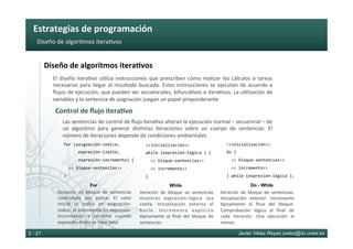 Estrategias	de	programación	
Javier Vélez Reyes jvelez@lsi.uned.es2 - 21
Diseño	de	algoritmos	itera6vos	
Diseño	de	algoritmos	itera8vos	
El	diseño	itera6vo	u6liza	instrucciones	que	prescriben	cómo	realizar	los	cálculos	o	tareas	
necesarias	para	llegar	al	resultado	buscado.	Estas	instrucciones	se	ejecutan	de	acuerdo	a	
ﬂujos	de	ejecución,	que	pueden	ser	secuenciales,	bifurca6vos	e	itera6vos.	La	u6lización	de	
variables	y	la	sentencia	de	asignación	juegan	un	papel	preponderante	
Control	de	ﬂujo	itera8vo	
for	(asignación-índice;	
						expresión-límite;	
						expresión-incremento)	{	
		<<	bloque-sentencias>>	
}	
Las	sentencias	de	control	de	ﬂujo	itera6vo	alteran	la	ejecución	normal	–	secuencial	–	de	
un	 algoritmo	 para	 generar	 dis6ntas	 iteraciones	 sobre	 un	 cuerpo	 de	 sentencias.	 El	
número	de	iteraciones	depende	de	condiciones	ambientales	
For
Iteración	 de	 bloque	 de	 sentencias	
controlada	 por	 índice.	 El	 valor	
inicial	 se	 indica	 en	 asignación-
índice,	el	incremento	en	expresión-
incremento	 y	 termina	 cuando	
expresión-límite	se	hace	falso	
<<inicialización>>	
while	(expresión-lógica	)	{	
		<<	bloque-sentencias>>	
		<<	incremento>>	
}	
While
Iteración	 de	 bloque	 se	 sentencias	
mientras	 expresión-lógica	 sea	
cierta.	 Inicialización	 externa	 al	
bucle.	 Incremento	 explícito		
picamente	 al	 ﬁnal	 del	 bloque	 de	
sentencias	
<<inicialización>>	
do	{		
		<<	bloque-sentencias>>	
		<<	incremento>>	
}	while	(expresión-lógica	);	
Do - While
Iteración	 de	 bloque	 de	 sentencias.	
Inicialización	 exterior.	 Incremento	
picamente	 al	 ﬁnal	 del	 bloque.	
Comprobación	 lógica	 al	 ﬁnal	 de	
cada	 iteración.	 Una	 ejecución	 al	
menos	
 