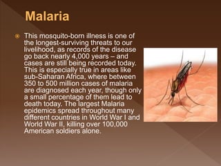  This mosquito-born illness is one of
the longest-surviving threats to our
livelihood, as records of the disease
go back nearly 4,000 years – and
cases are still being recorded today.
This is especially true in areas like
sub-Saharan Africa, where between
350 to 500 million cases of malaria
are diagnosed each year, though only
a small percentage of them lead to
death today. The largest Malaria
epidemics spread throughout many
different countries in World War I and
World War II, killing over 100,000
American soldiers alone.
 