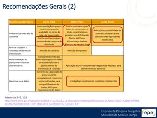 Empresa de Pesquisa Energética
Ministério de Minas e Energia
Referência: EPE, 2018
http://www.mme.gov.br/documents/10584/117707623/11.+Recursos+Energeticos+Distribu%C3%ADdos+2050+%28NT+PR+008-
2018%29.pdf/ebf360c8-3269-480d-a653-4a694c609252?version=1.3/
Recomendações Gerais (2)
 