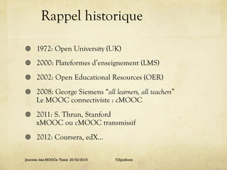 Rappel historique
¥  1972: Open University (UK)
¥  2000: Plateformes d’enseignement (LMS)
¥  2002: Open Educational Res...