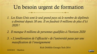 Un besoin urgent de formation
1.  Les Etats-Unis sont le seul grand pays où le nombre de diplômés
a diminué depuis 30 ans. Il en faudrait 8 millions de plus d’ici
2020 !
2.  Il manque 8 millions de personnes qualifiées à l’horizon 2020
3.  « L’amélioration de l’efficacité » de l’université passe par une
massification de l’enseignement
15/03/2015 Y.Epelboin
Rich DeMillo Georgia Tech 2014
 