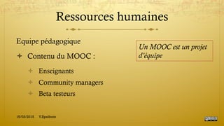 Ressources humaines
Equipe pédagogique
!  Contenu du MOOC :
!  Enseignants
!  Community managers
!  Beta testeurs
Un MOOC est un projet
d’équipe
15/03/2015 Y.Epelboin
 