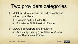Two providers categories
 MOOCs Editors: act as the editors of books
written by authors:
 Coursera and EdX in the US
 Futurelearn, FUN, Iversity in Europe
 MOOCs developers and providers:
 Ex: Udacity, Udemy (US), MiriadaX (Spain),
OpenClassrooms (France)…
EUNIS 2016 8-10 June 2016 Y.Epelboin
 