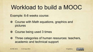 Workload to build a MOOC
Example: 6-8 weeks course:
 Course with Math equations, graphics and
pictures
 Course being used 3 times
 Three categories of human resources: teachers,
academic and technical support
EUNIS 2016 8-10 June 2016 Y.Epelboin
 