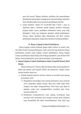guru dan peserta. Dengan demikian, perbaikan dan pengembangan
pembelajaran bukan hanya terhadap proses dan hasil belajar melainkan
harus diarahkan pada semua komponen pembelajaran tersebut.
b. Untuk akreditasi. Dalam UU No.20/2003 Bab I Pasal 1 Ayat 22
dijelaskan bahwa “akreditasi adalah kegiatan penilaian kelayakan
program dalam satuan pendidikan berdasarkan kritera yang telah
ditetapkan”. Salah satu komponen akreditasi adalah pembelajaran.
Artinya, fungsi akreditasi dapat dilaksanakan jika hasil evaluasi
pembelajaran digunakan sebagai dasar akreditasi lembaga pendidikan.
D. Ruang Lingkup Evaluasi Pembelajaran
Ruang lingkup evaluasi berkaitan dengan objek evaluasi itu sendiri. Jadi,
jika objek tersebut tentang pembelajaran, maka semua hal yang berkaitan dengan
pembelajaran menjadi ruang lingkup evaluasi pembelajaran. Ruang lingkup
evaluasi pembelajaran dapat ditinjau dari berbagai perspekttif, yaitu domain hasil
belajar, sistem pembelajaran, proses dan hasil belajar, serta kompetensi.
1. Ruang Lingkup Evaluasi Pembelajaran dalam Perspektif Domain Hasil
Belajar
Menurut Benyamin S. Bloom, dkk hasil belajar dapat di kelompokkan ke
dalam tiga domain ,yaitu kognitif, afektif, dan psikomotor. Adapun rincian
domain tersebut, antara lain:
a. Domain kognitif (cognitive domain). domain ini memiliki enam jenjang
kemampuan, yaitu:
1) Pengetahuan (knowledge) yaitu jenjang kemampuan yang menuntut
siswa mengetahui adanya konsep, fakta atau istilah tanpa harus
mengerti atau dapat menggunakannya. Kata kerja yang dapat di
gunakan, antara lain: mengidentifikasi, membuat garis besar,
menyusun daftar dll.
2) Pemahaman (comprehension) yaitu jenjang kemampuan yang
menuntut siswa memahami atau mengerti tentang materi pelajaran
yang disampaikan dan dapat memanfaatkannya. Kata kerja yang
Evaluasi Pembelajaran Kelompok 1 | 12
 