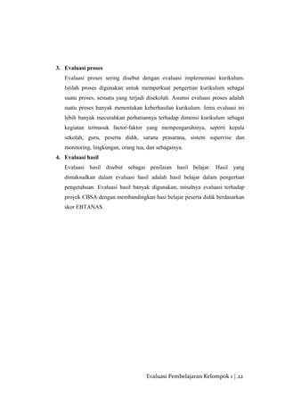 3. Evaluasi proses
Evaluasi proses sering disebut dengan evaluasi implementasi kurikulum.
Istilah proses digunakan untuk memperkuat pengertian kurikulum sebagai
suatu proses, sesuatu yang terjadi disekolah. Asumsi evaluasi proses adalah
suatu proses banyak menentukan keberhasilan kurikulum. Jenis evaluasi ini
lebih banyak mecurahkan perhatiannya terhadap dimensi kurikulum sebagai
kegiatan termasuk factor-faktor yang mempengaruhinya, seperti kepala
sekolah, guru, peserta didik, sarana prasarana, sistem supervise dan
monitoring, lingkungan, orang tua, dan sebagainya.
4. Evaluasi hasil
Evaluasi hasil disebut sebagai penilaian hasil belajar. Hasil yang
dimaksudkan dalam evaluasi hasil adalah hasil belajar dalam pengertian
pengetahuan. Evaluasi hasil banyak digunakan, misalnya evaluasi terhadap
proyek CBSA dengan membandingkan hasi belajar peserta didik berdasarkan
skor EBTANAS.
Evaluasi Pembelajaran Kelompok 1 | 22
 