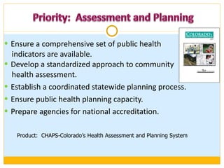 Ensure a comprehensive set of public health  indicators are available.  Develop a standardized approach to community health assessment.  Establish a coordinated statewide planning process. Ensure public health planning capacity. Prepare agencies for national accreditation. Product:  CHAPS-Colorado’s Health Assessment and Planning System 