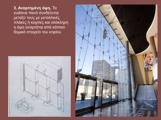 3. Αναρτημένη όψη. Τα
γυάλινα πανό συνδέονται
μεταξύ τους με μεταλλικές
πλάκες ή κοχλίες και ολόκληρη
η όψη αναρτάται από κάποιο
δομικό στοιχείο του κτιρίου
 
