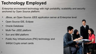  JBoss, an Open Source J2EE application server at Enterprise level
 Open Source IDE, Eclipse
 Oracle Database
 Multi-Tier J2EE platform
 Sun and IBM platform
 Public Key Infrastructure (PKI) technology and
64Kbit Crypto smart cards
Technology Employed
Enterprise environment technology with high portability, scalability and security
anchored by Open Source platform:
4
 