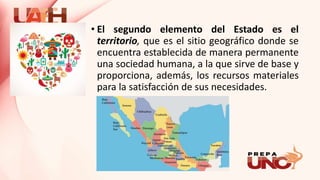 • El segundo elemento del Estado es el
territorio, que es el sitio geográfico donde se
encuentra establecida de manera permanente
una sociedad humana, a la que sirve de base y
proporciona, además, los recursos materiales
para la satisfacción de sus necesidades.
 