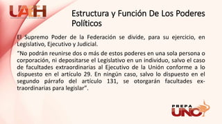 Estructura y Función De Los Poderes
Políticos
El Supremo Poder de la Federación se divide, para su ejercicio, en
Legislativo, Ejecutivo y Judicial.
“No podrán reunirse dos o más de estos poderes en una sola persona o
corporación, ni depositarse el Legislativo en un individuo, salvo el caso
de facultades extraordinarias al Ejecutivo de la Unión conforme a lo
dispuesto en el artículo 29. En ningún caso, salvo lo dispuesto en el
segundo párrafo del artículo 131, se otorgarán facultades ex-
traordinarias para legislar”.
 