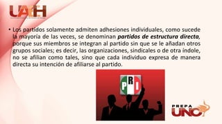 • Los partidos solamente admiten adhesiones individuales, como sucede
la mayoría de las veces, se denominan partidos de estructura directa,
porque sus miembros se integran al partido sin que se le añadan otros
grupos sociales; es decir, las organizaciones, sindicales o de otra índole,
no se afilian como tales, sino que cada individuo expresa de manera
directa su intención de afiliarse al partido.
 