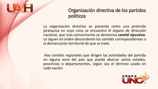 Organización directiva de los partidos
políticos
La organización directiva se presenta como una pirámide
jerárquica en cuya cima se encuentra el órgano de dirección
nacional, que más comúnmente se denomina comité ejecutivo.
Le siguen en orden descendente los comités correspondientes a
la demarcación territorial de que se trate.
Hay comités regionales que dirigen las actividades del partido
en alguna zona del país que puede abarcar varios estados,
provincias o departamentos, según sea el término usado en
cada nación.
 