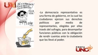 -La democracia representativa es
una forma de gobierno, en la cual los
ciudadanos ejercen sus derechos
políticos por medio de
representantes, elegidos por ellos
través del sufragio, para desempeñar
funciones públicas con la obligación
de rendir cuentas ante la ciudadanía
que los llevó al poder.
 